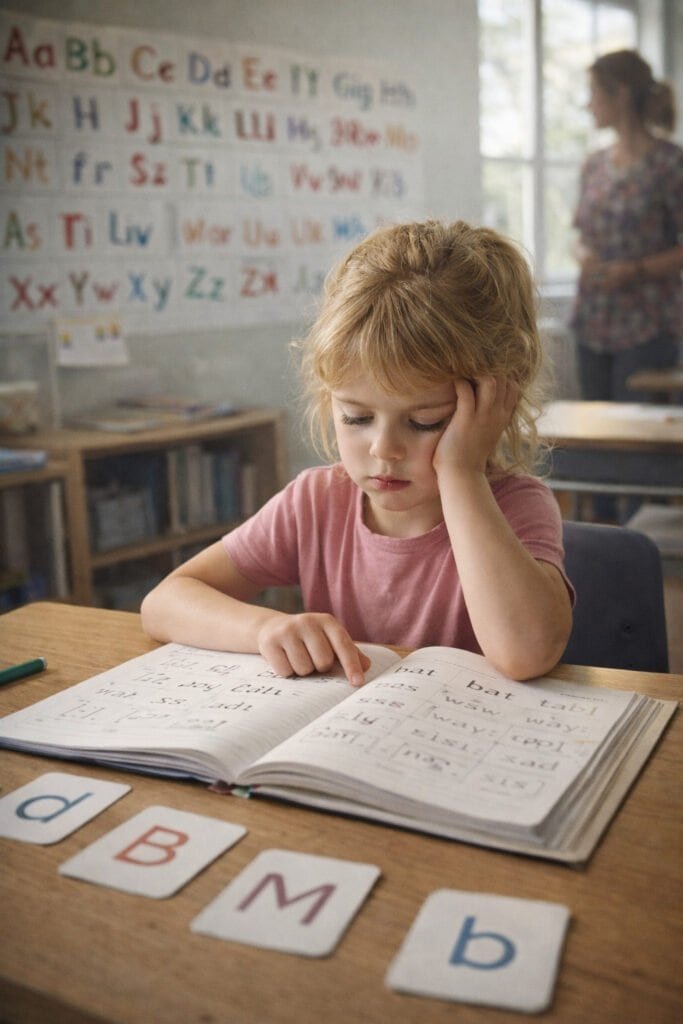 Özel öğrenme güçlüğü desteği alan bir çocuğun kitap ve harf kartlarıyla okuma çalışması – Botanik Özel Eğitim Merkezi Batıkent Ankara.