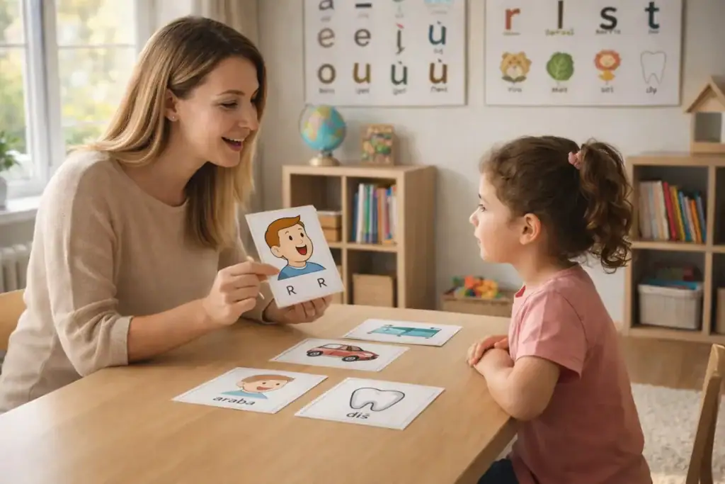 Uzman eğitmen eşliğinde "R" harfi görsel kartıyla dil ve konuşma seansı yapan kız çocuk – Botanik Özel Eğitim Merkezi Batıkent Ankara.