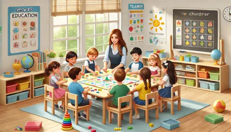 Grup eğitimi sınıfında uzman eğitmen eşliğinde interaktif oyun ve sosyal etkileşim etkinliği yapan çocuklar – Botanik Özel Eğitim Merkezi Batıkent Ankara.