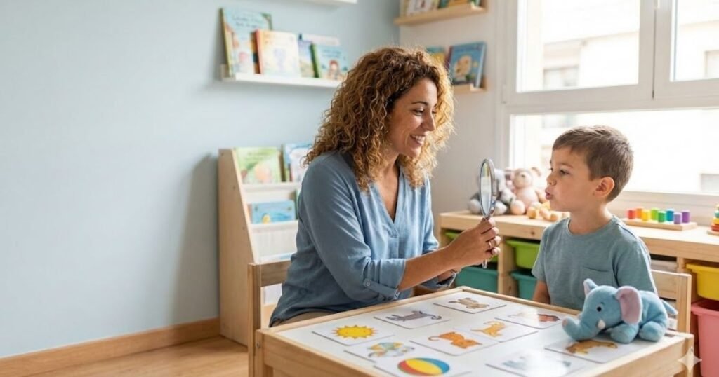 Dil ve konuşma terapisi – Batıkent Ankara'da ayna yardımıyla konuşma egzersizi yapan çocuk ve uzman