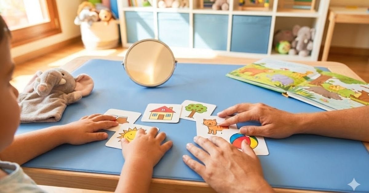 Dil ve konuşma terapisi seansında kartlarla çalışan çocuk ve uzman – Botanik Özel Eğitim Merkezi Batıkent