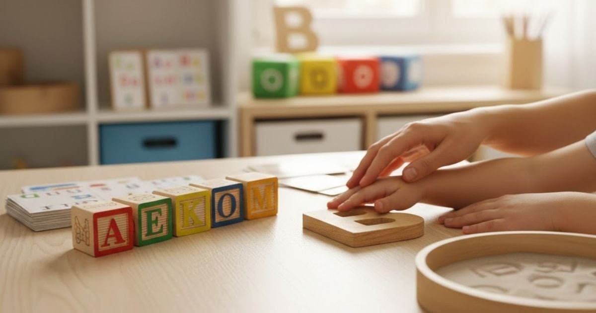 Disleksi desteği seansında harf blokları ile çalışan çocuk ve uzman – Botanik Özel Eğitim Merkezi Batıkent