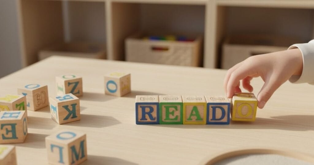 Disleksi tedavisi için harf bloklarıyla okuma çalışması yapan çocuk – Botanik Özel Eğitim Merkezi Batıkent