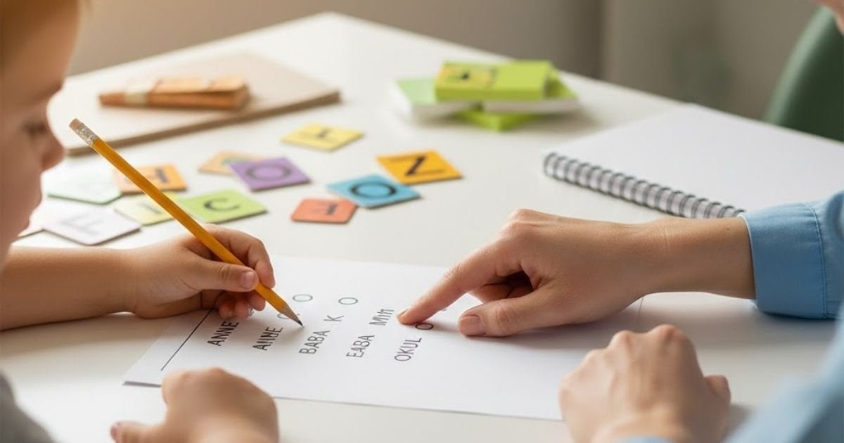 Disleksi desteği kapsamında okuma yazma çalışan çocuk ve uzman – Botanik Özel Eğitim Merkezi Batıkent