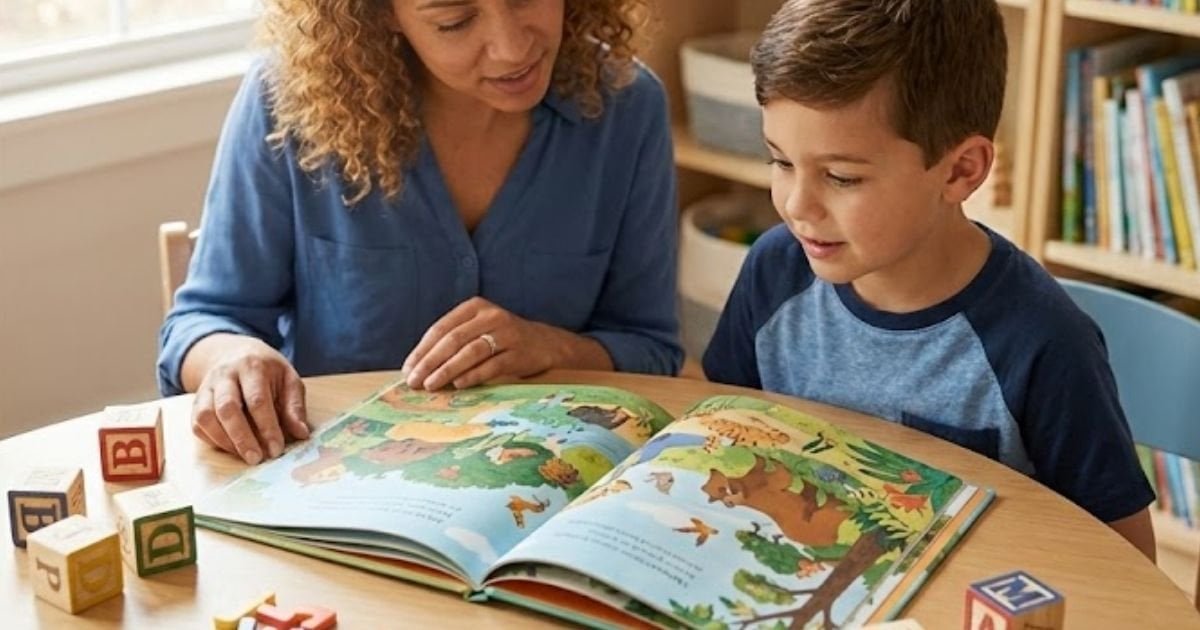 Disleksi desteği gören çocuk ve uzman kitap okuma çalışması yapıyor – Botanik Özel Eğitim Merkezi Batıkent