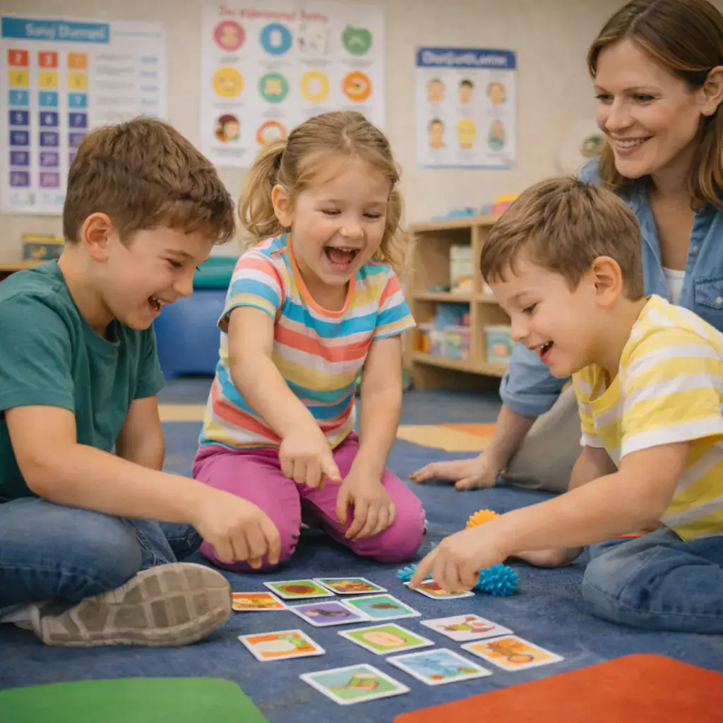 Eğitici çocuklar ve öğretmen, öykü ve oyunlarla gelişimlerine destek oluyor.