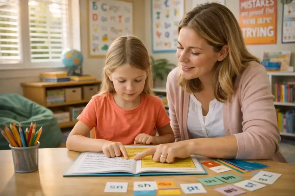 Disleksi destek eğitiminde harf kartları ve kitaplarla çalışan çocuk ve uzman – Botanik Özel Eğitim Merkezi Batıkent Ankara.