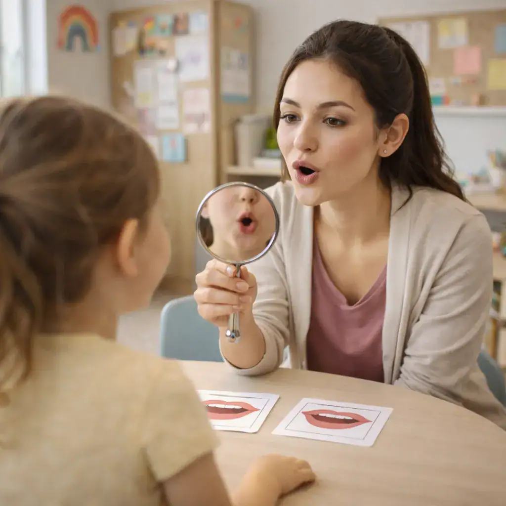 Dil ve konuşma terapisi seansında ayna ve ağız figürlü kartlarla artikülasyon çalışan çocuk ve uzman – Botanik Özel Eğitim Merkezi Batıkent.