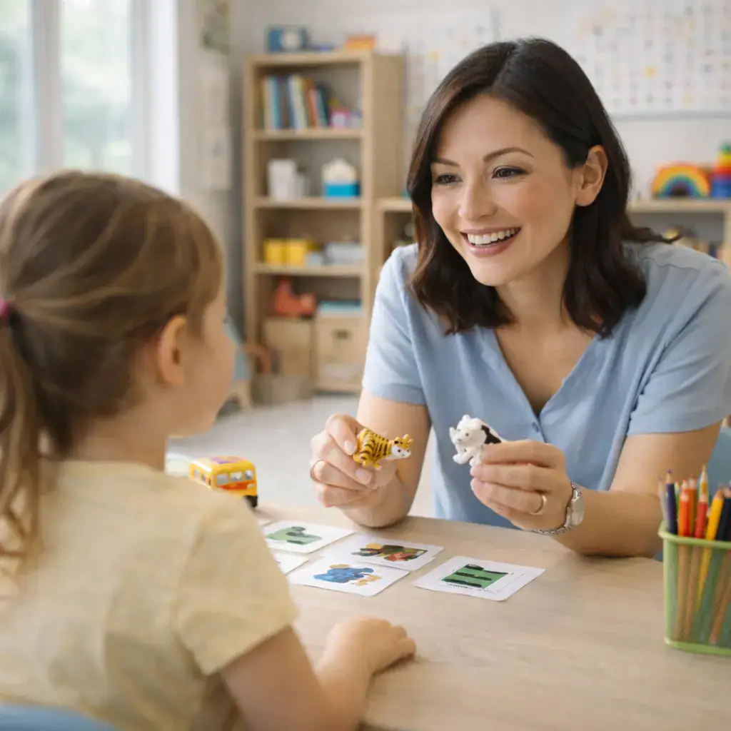 Dil ve konuşma terapisi seansında oyuncak hayvanlar ve kartlarla çalışan çocuk ve uzman – Botanik Özel Eğitim Merkezi Batıkent Ankara