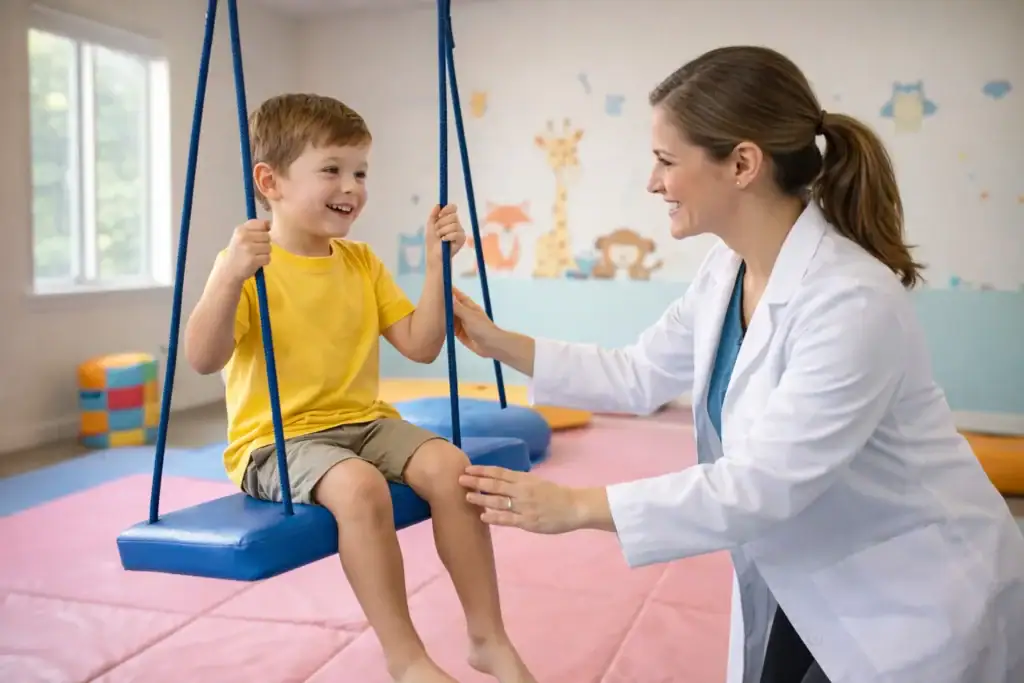 Ergoterapi seansında salıncakta sallanan çocuk ve ona destek olan uzman – Botanik Özel Eğitim Merkezi Batıkent Ankara.