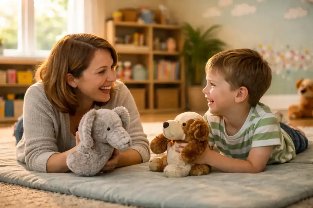 Otizm Floortime seansında pelüş oyuncaklarla etkileşim kuran çocuk ve uzman – Botanik Özel Eğitim Merkezi Batıkent.