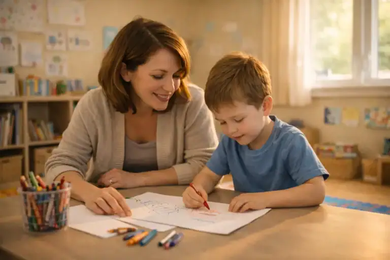 Floortime seansında uzman eşliğinde resim yaparak kendini ifade eden çocuk – Botanik Özel Eğitim Merkezi Batıkent Ankara