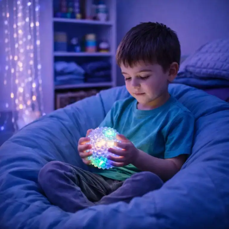 Renkli ışıklı duyusal oyuncakla oynayan çocuk – Ankara Batıkent Botanik Özel Eğitim Merkezi duyusal bütünleme odası.