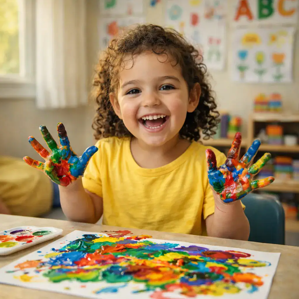 Renkli parmak boyalarıyla eğlenen mutlu çocuk, özel eğitim merkezinde yaratıcılığı teşvik ediyor.